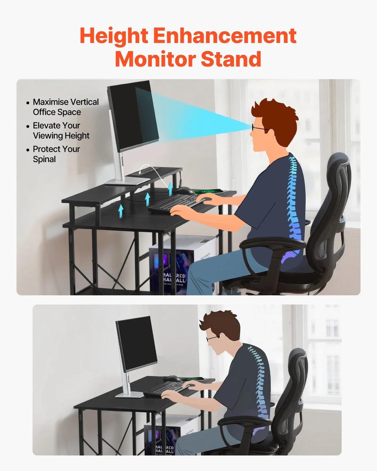 VEVOR Computer Desk with Smart LED Lighting and Power Outlets, 120 cm, Adjustable Layout, Monitor Stand and 2-Tier Shelves, Black