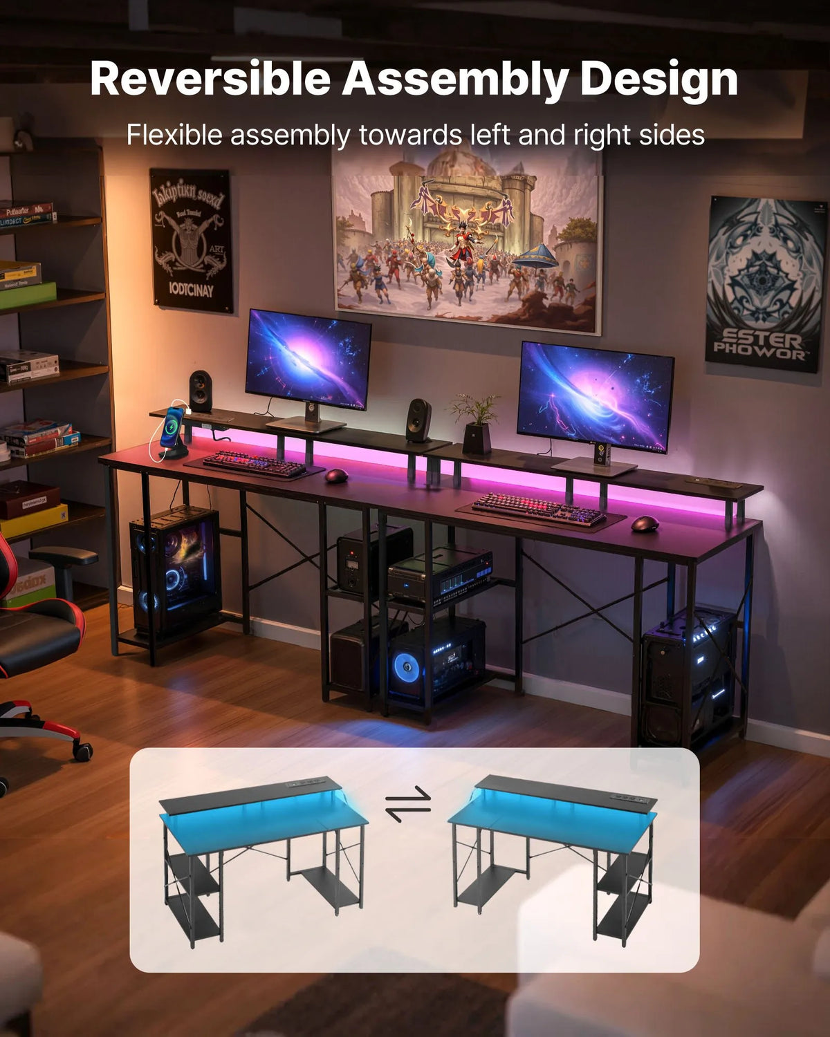 VEVOR Computer Desk with Smart LED Lighting and Power Outlets, 120 cm, Adjustable Layout, Monitor Stand and 2-Tier Shelves, Black