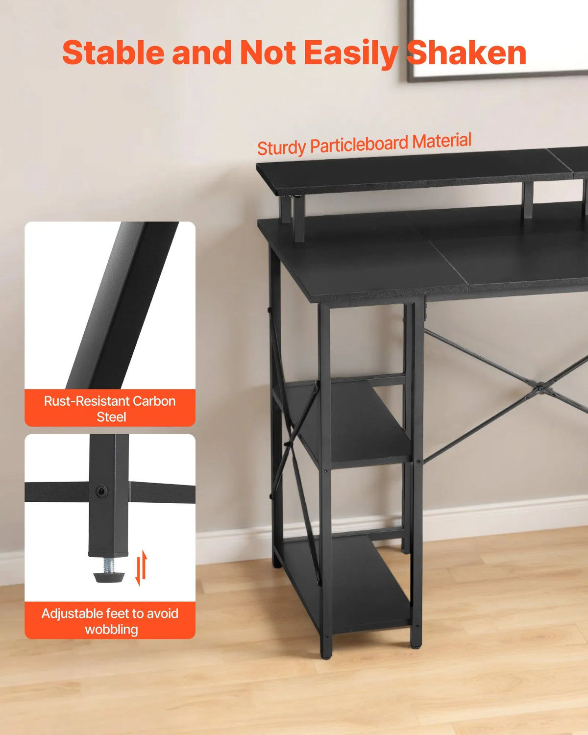 VEVOR Computer Desk with Smart LED Lighting and Power Outlets, 120 cm, Adjustable Layout, Monitor Stand and 2-Tier Shelves, Black