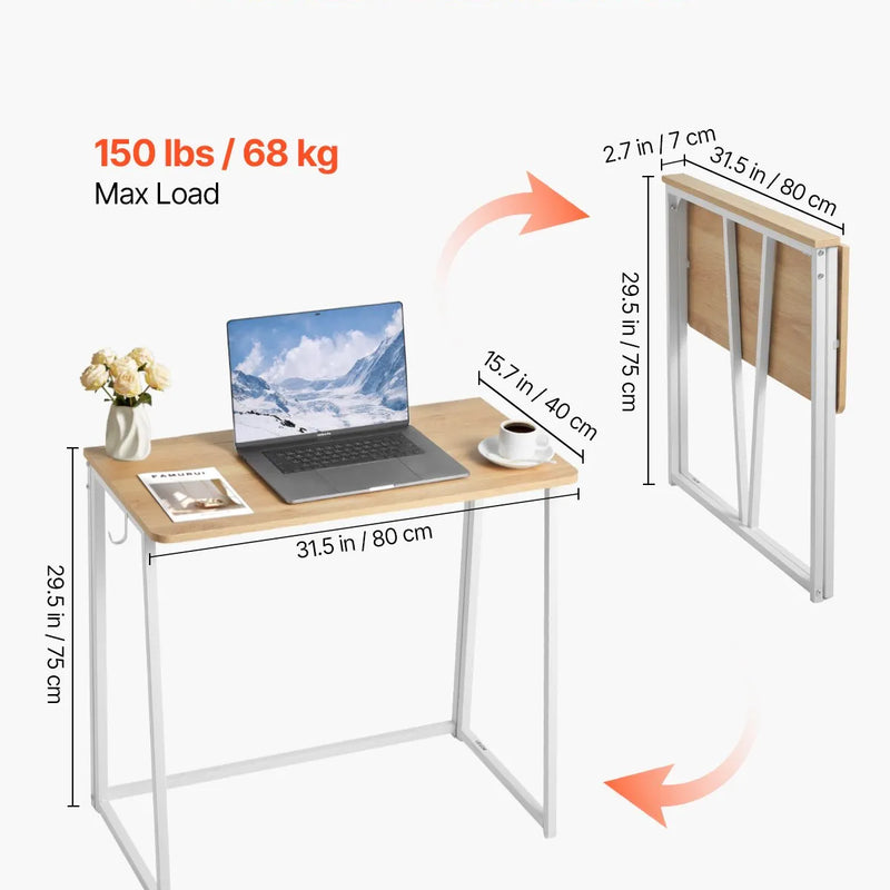 VEVOR saliekams datorgalds, 80 cm, kompaktām telpām, skaidu plātne, ar uzglabāšanas āķiem, ozola krāsā