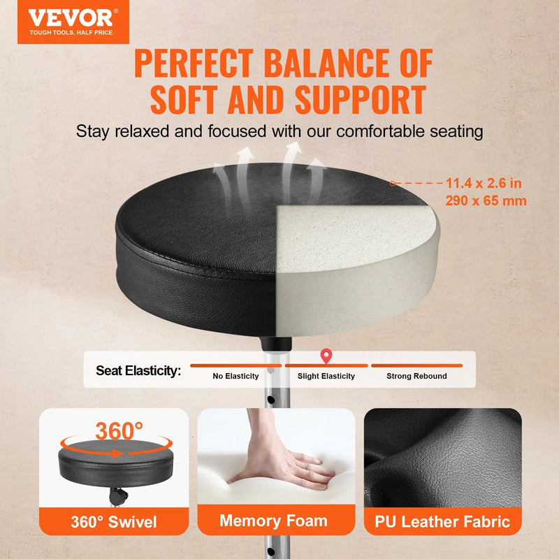 VEVOR regulējams bungu krēsls ar 490–585 mm augstumu, polsterētu sēdvirsmu, neslīdošām kājām, 5A bungu vicinātājiem un 150 kg slodzes kapacitāti; 360° rotējošs modelis bundziniekiem