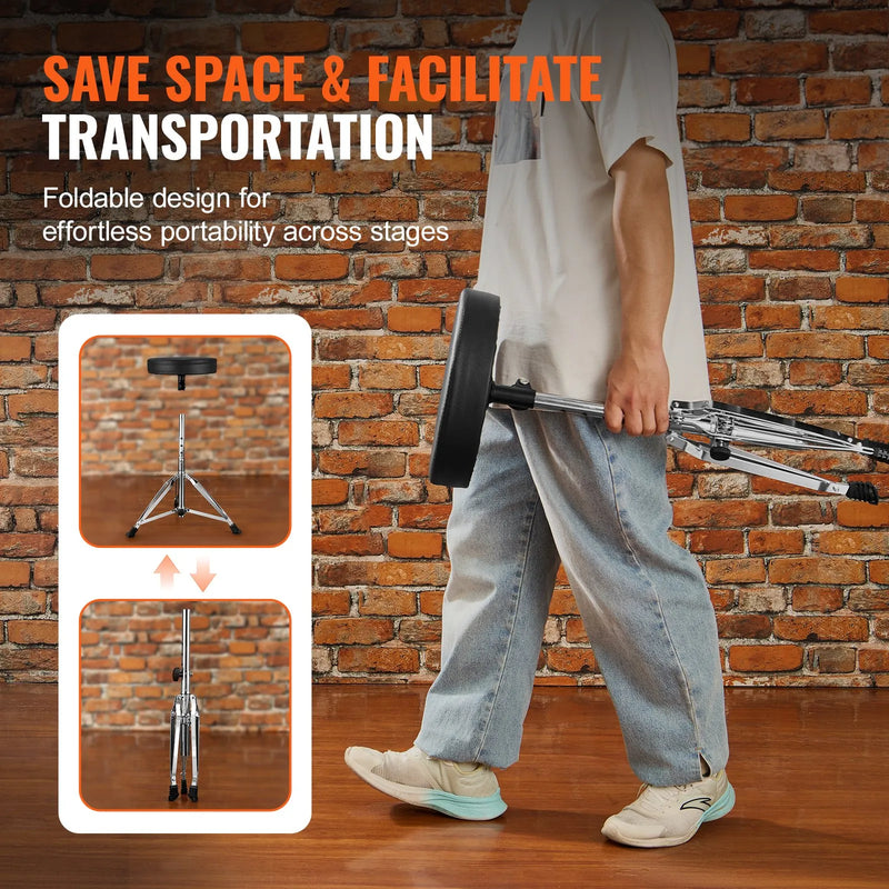 VEVOR regulējams bungu krēsls ar 490–585 mm augstumu, polsterētu sēdvirsmu, neslīdošām kājām, 5A bungu vicinātājiem un 150 kg slodzes kapacitāti; 360° rotējošs modelis bundziniekiem