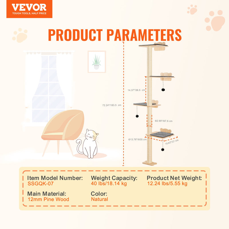 VEVOR sienas stiprināms kaķu plauktu komplekts ar platformu – koka formas kaķu mēbeles