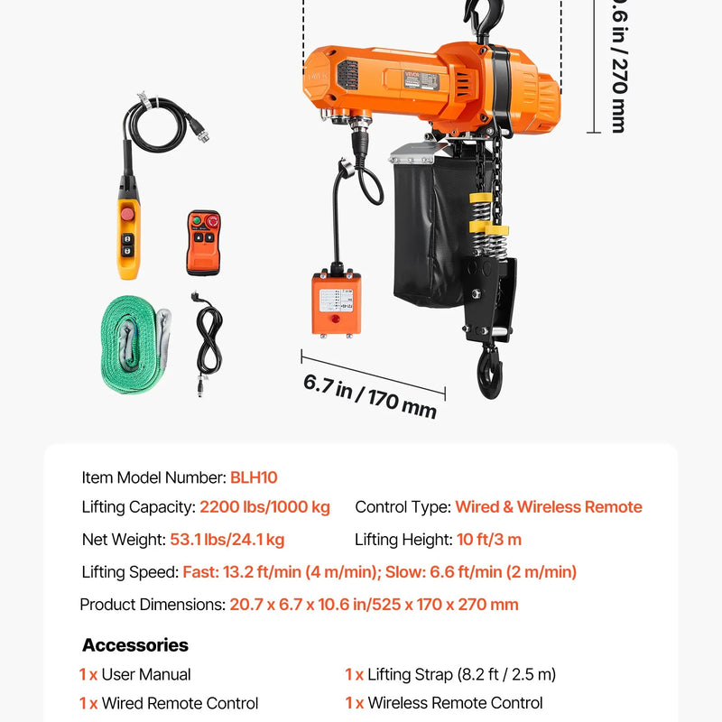 VEVOR elektriskais ķēdes pacēlājs 1000 kg ar 3 m pacelšanas augstumu, 230 V vienfāzes, ar 100 m bezvadu un 2,4 m vadu tālvadību, rūpnīcām, noliktavām un garāžām - ZEMLETES.LV