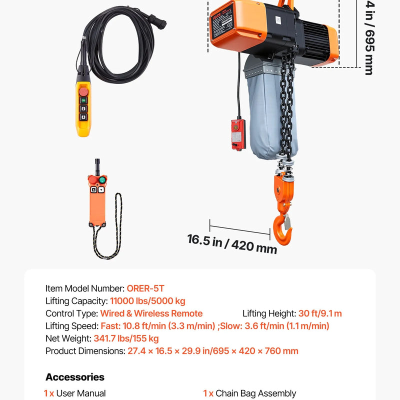 VEVOR elektriskais ķēdes pacēlājs 5000 kg, pacelšanas augstums 9,1 m, trīsfāzu tilta celtnis ar 100 m bezvadu un 8,2 m vadu tālvadību, dubultā G100 ķēde rūpnīcām, noliktavām un garāžām - ZEMLETES.LV