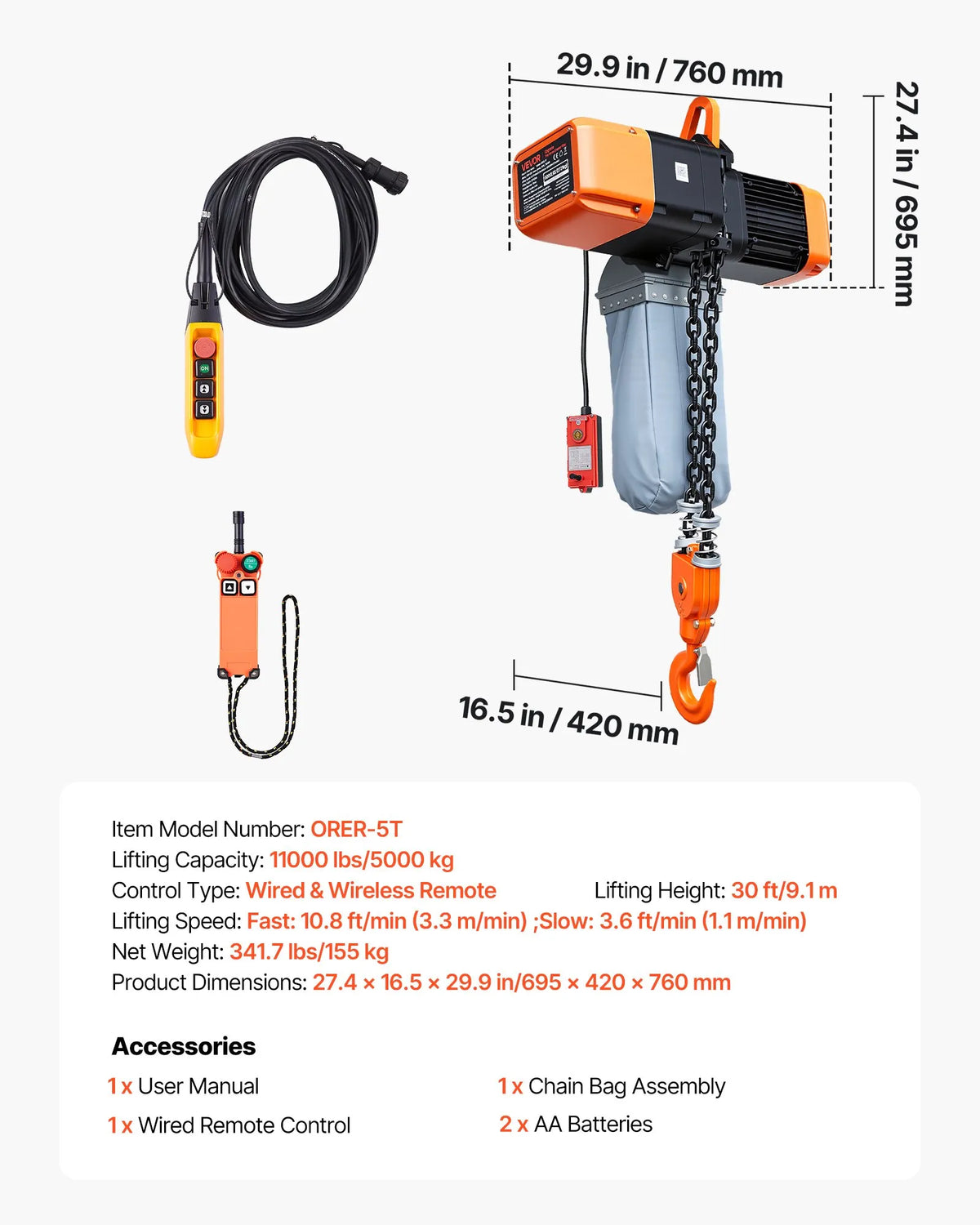 VEVOR elektriskais ķēdes pacēlājs 5000 kg, pacelšanas augstums 9,1 m, trīsfāzu tilta celtnis ar 100 m bezvadu un 8,2 m vadu tālvadību, dubultā G100 ķēde rūpnīcām, noliktavām un garāžām - ZEMLETES.LV