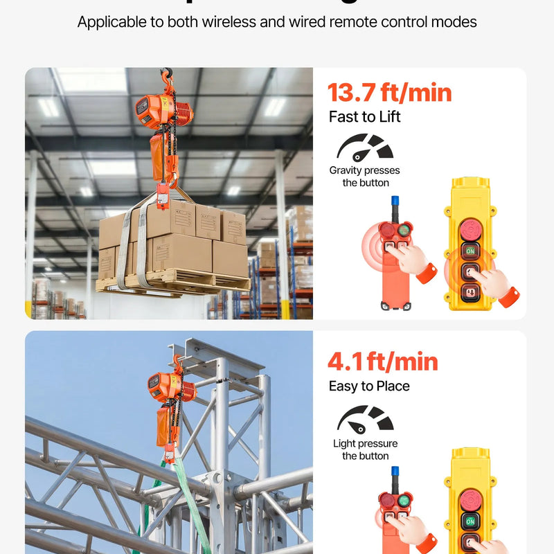 VEVOR elektriskais ķēdes pacēlājs 1000 kg, pacelšanas augstums 6 m, trīsfāzu tilta celtnis ar 100 m bezvadu un 4,5 m vadu tālvadību, dubultā G80 ķēde rūpnīcām, noliktavām un garāžām - ZEMLETES.LV