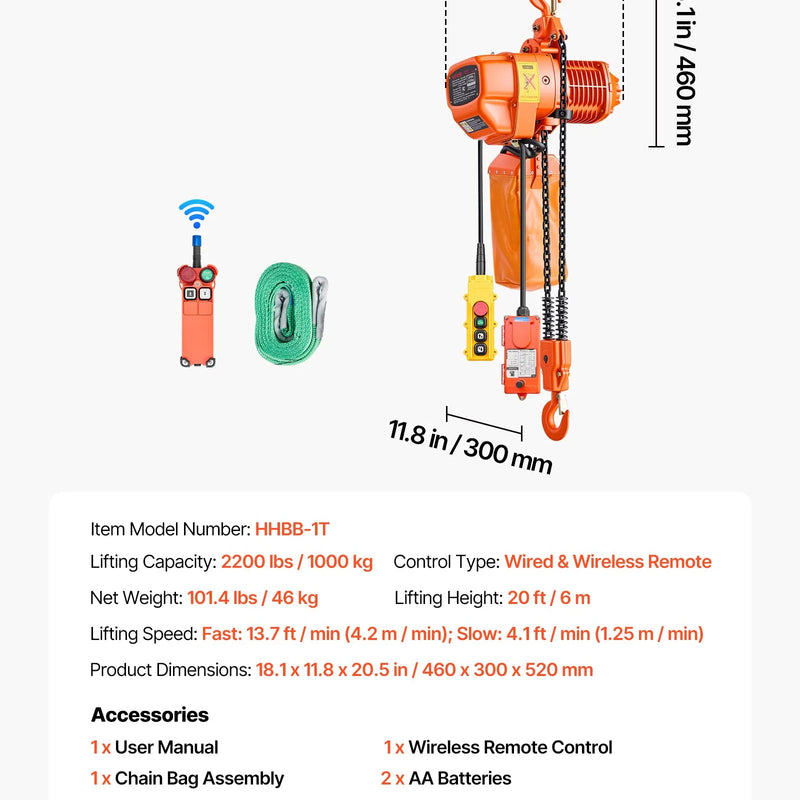 VEVOR elektriskais ķēdes pacēlājs 1000 kg, pacelšanas augstums 6 m, trīsfāzu tilta celtnis ar 100 m bezvadu un 4,5 m vadu tālvadību, dubultā G80 ķēde rūpnīcām, noliktavām un garāžām - ZEMLETES.LV