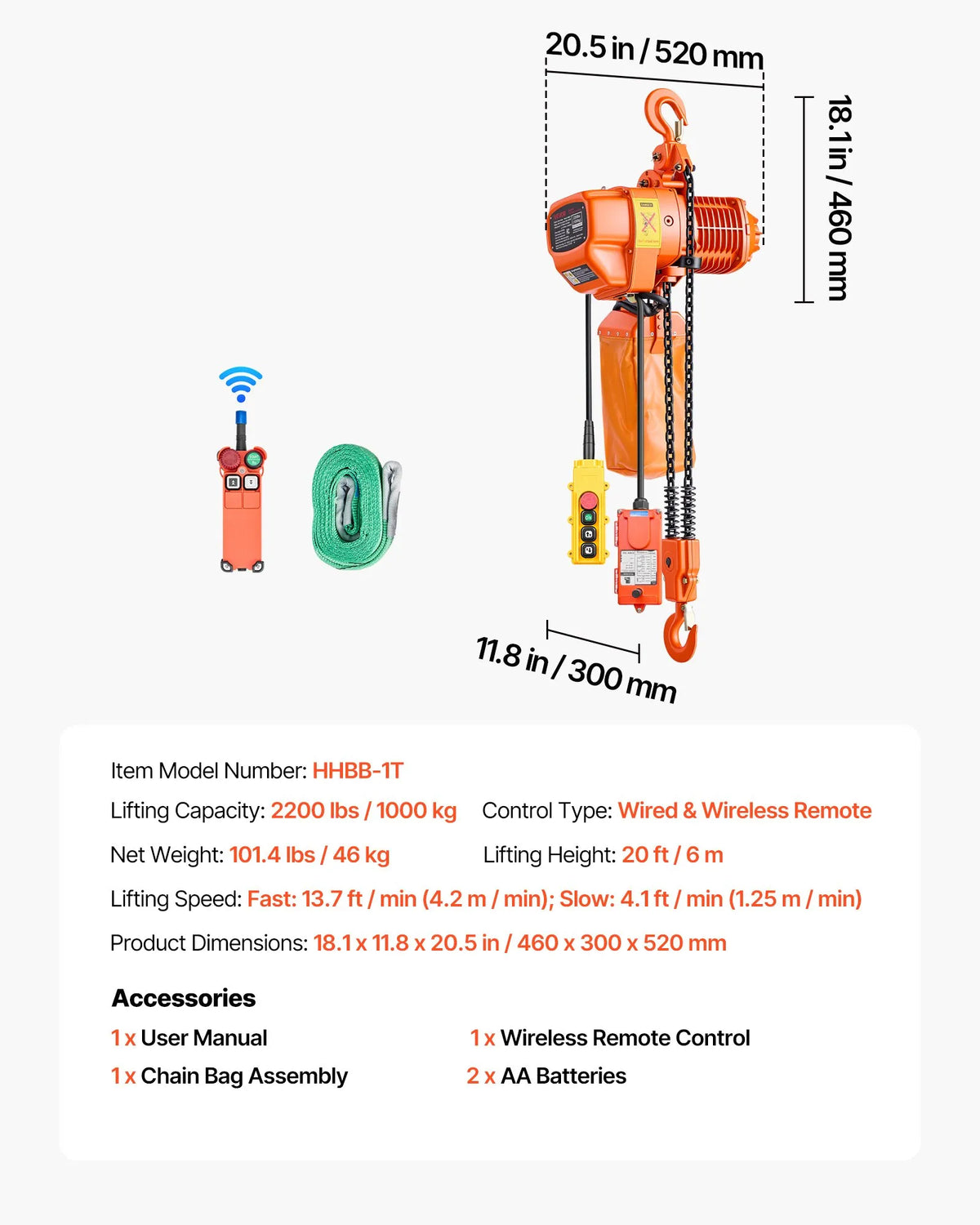 VEVOR elektriskais ķēdes pacēlājs 1000 kg, pacelšanas augstums 6 m, trīsfāzu tilta celtnis ar 100 m bezvadu un 4,5 m vadu tālvadību, dubultā G80 ķēde rūpnīcām, noliktavām un garāžām - ZEMLETES.LV