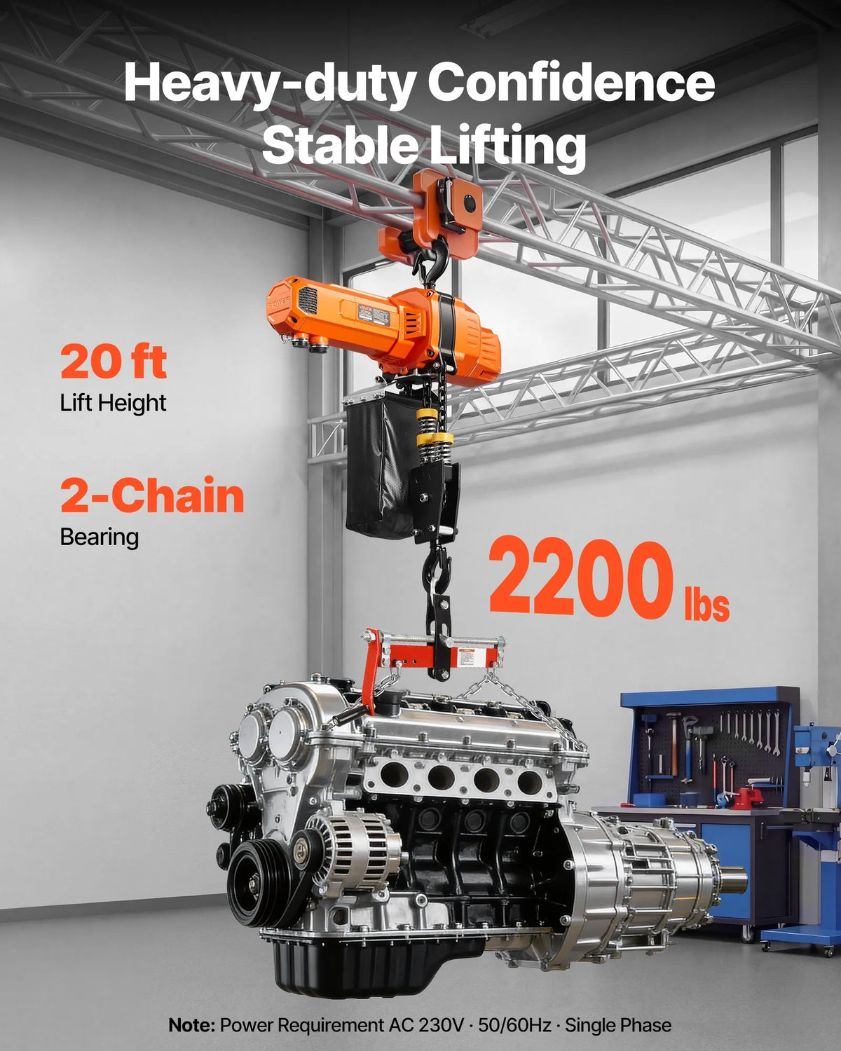 VEVOR elektriskais ķēdes pacēlājs 1000 kg, pacelšanas augstums 6 m, 230 V vienfāzes griestu celtnis ar 4,5 m vadu pulti, G100 ķēde, piemērots rūpnīcām, noliktavām un garāžām - ZEMLETES.LV