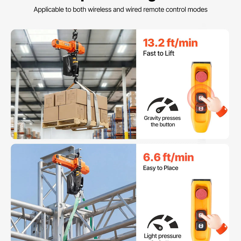 VEVOR elektriskais ķēdes pacēlājs 1000 kg, pacelšanas augstums 6 m, 230 V vienfāzes griestu celtnis ar 4,5 m vadu pulti, G100 ķēde, piemērots rūpnīcām, noliktavām un garāžām - ZEMLETES.LV