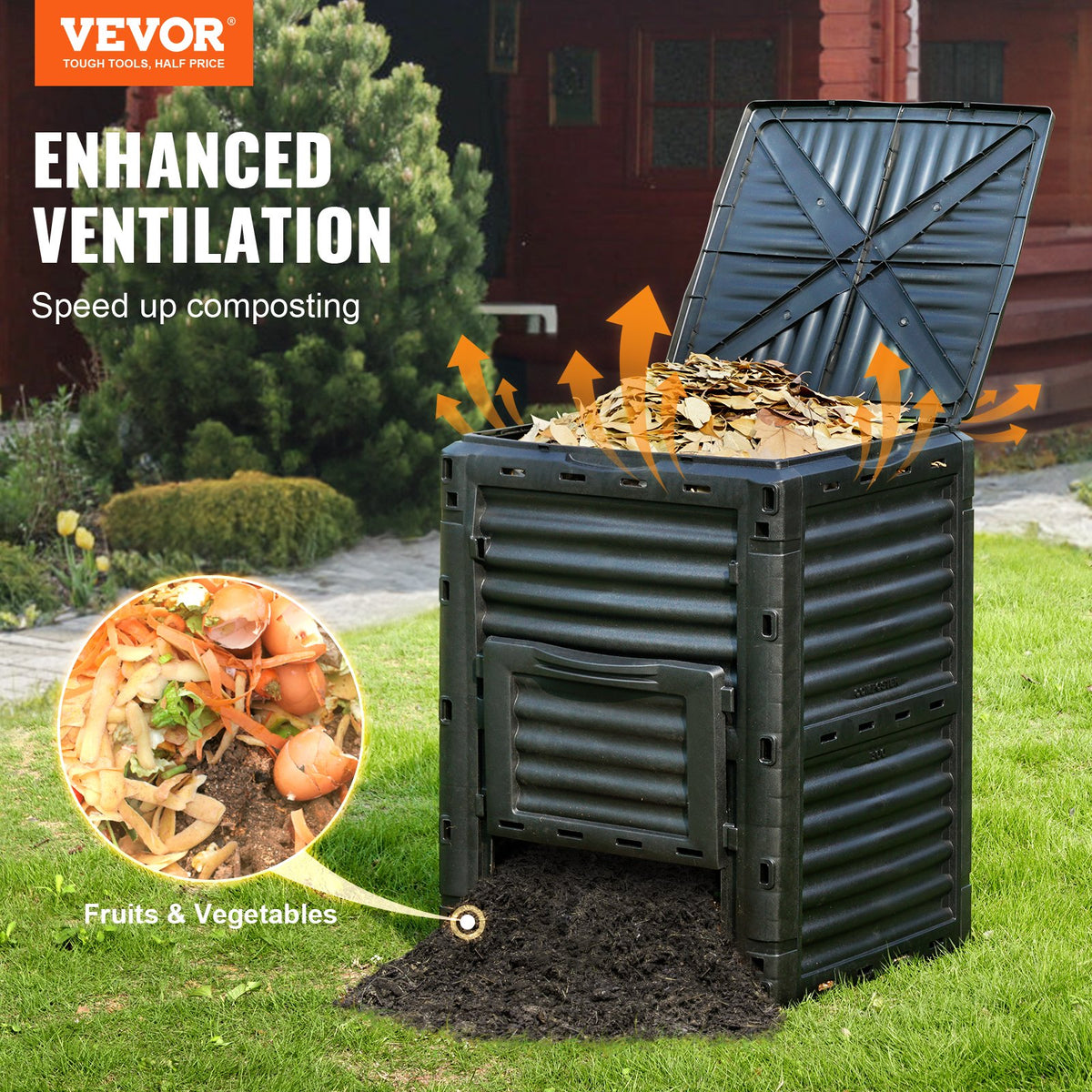 VEVOR Garden Composting Bin 80 L, BPA Free, Large Capacity with Top Lid and Bottom Doors, Lightweight and Quickly Produces Fertile Soil