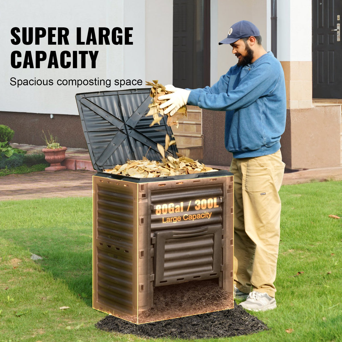 VEVOR Garden Composting Bin 80 L, BPA Free, Large Capacity with Top Lid and Bottom Doors, Lightweight and Quickly Produces Fertile Soil