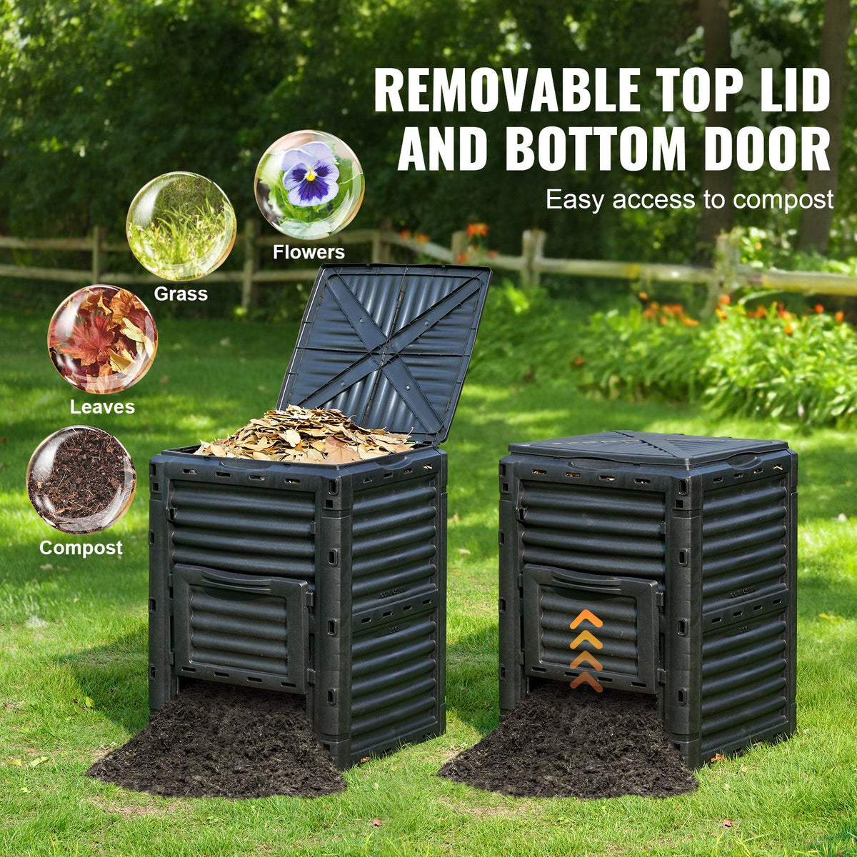VEVOR Garden Composting Bin 80 L, BPA Free, Large Capacity with Top Lid and Bottom Doors, Lightweight and Quickly Produces Fertile Soil