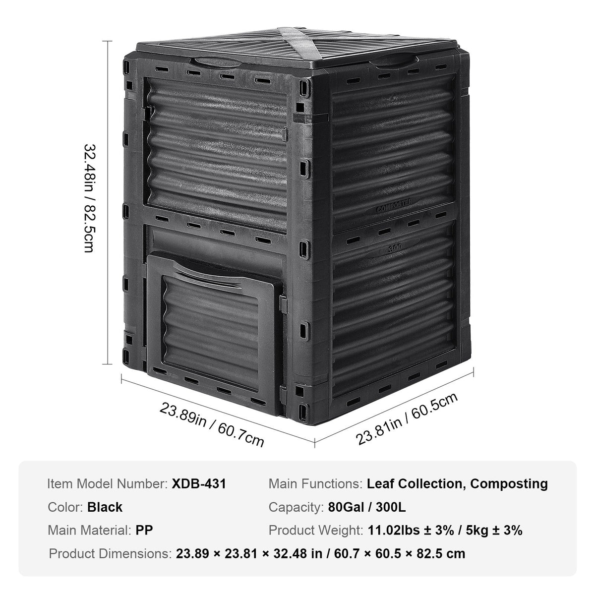 VEVOR Garden Composting Bin 80 L, BPA Free, Large Capacity with Top Lid and Bottom Doors, Lightweight and Quickly Produces Fertile Soil