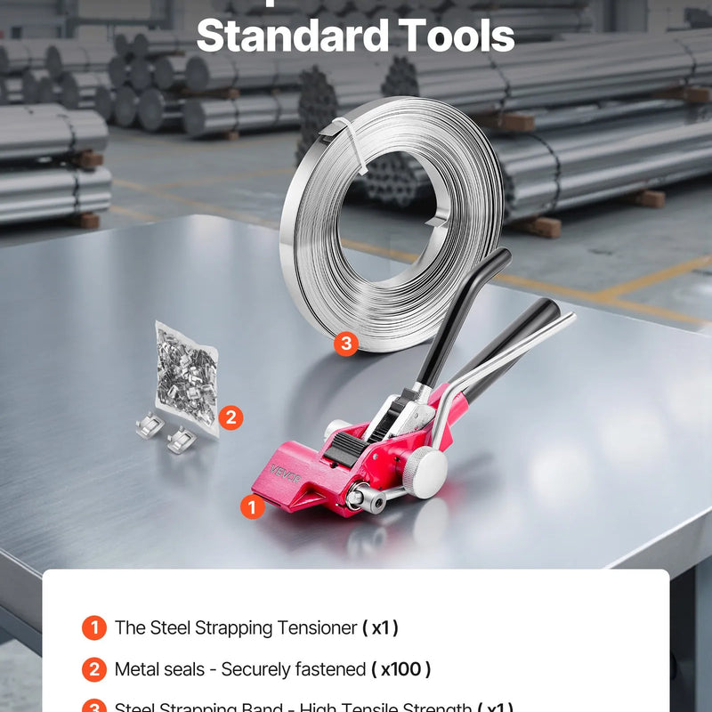 VEVOR tērauda lentes saiņošanas komplekts ar manuālo noslēgšanas instrumentu, 30,5 m saiņošanas lente un 100 metāla skavām, izturīgs palešu un kravu iepakošanas komplekts noliktavām, transportēšanai un rūpnieciskai saiņošanai