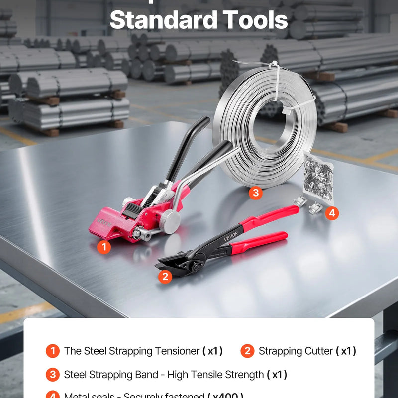 VEVOR tērauda lentes spriegošanas komplekts ar 122 m lentu un 400 metāla sprādzēm, manuāls palešu iepakošanas un saiņošanas komplekts noliktavai, transportam un rūpnieciskai stiprināšanai