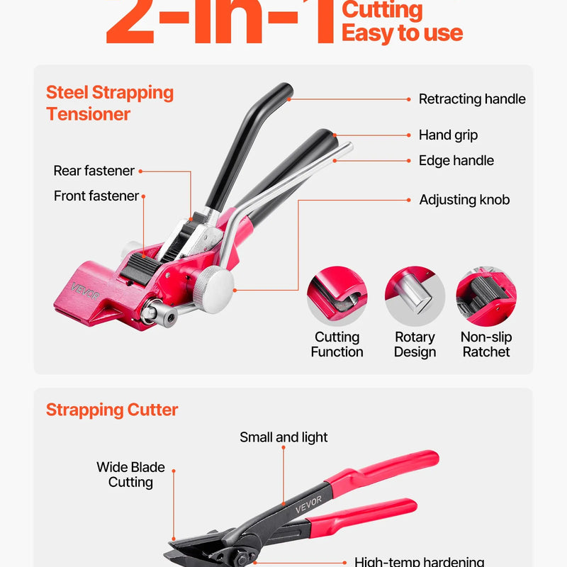 VEVOR tērauda lentes spriegošanas komplekts ar 122 m lentu un 400 metāla sprādzēm, manuāls palešu iepakošanas un saiņošanas komplekts noliktavai, transportam un rūpnieciskai stiprināšanai