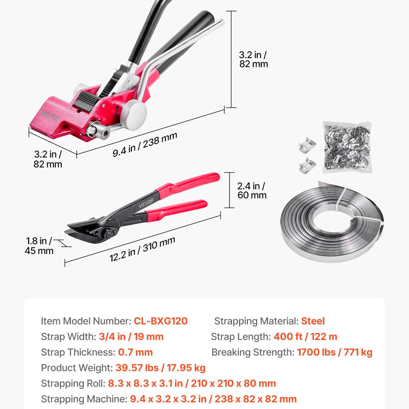 VEVOR tērauda lentes spriegošanas komplekts ar 122 m lentu un 400 metāla sprādzēm, manuāls palešu iepakošanas un saiņošanas komplekts noliktavai, transportam un rūpnieciskai stiprināšanai