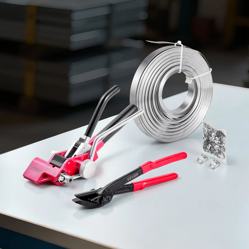 VEVOR tērauda lentes spriegošanas komplekts ar 122 m lentu un 400 metāla sprādzēm, manuāls palešu iepakošanas un saiņošanas komplekts noliktavai, transportam un rūpnieciskai stiprināšanai