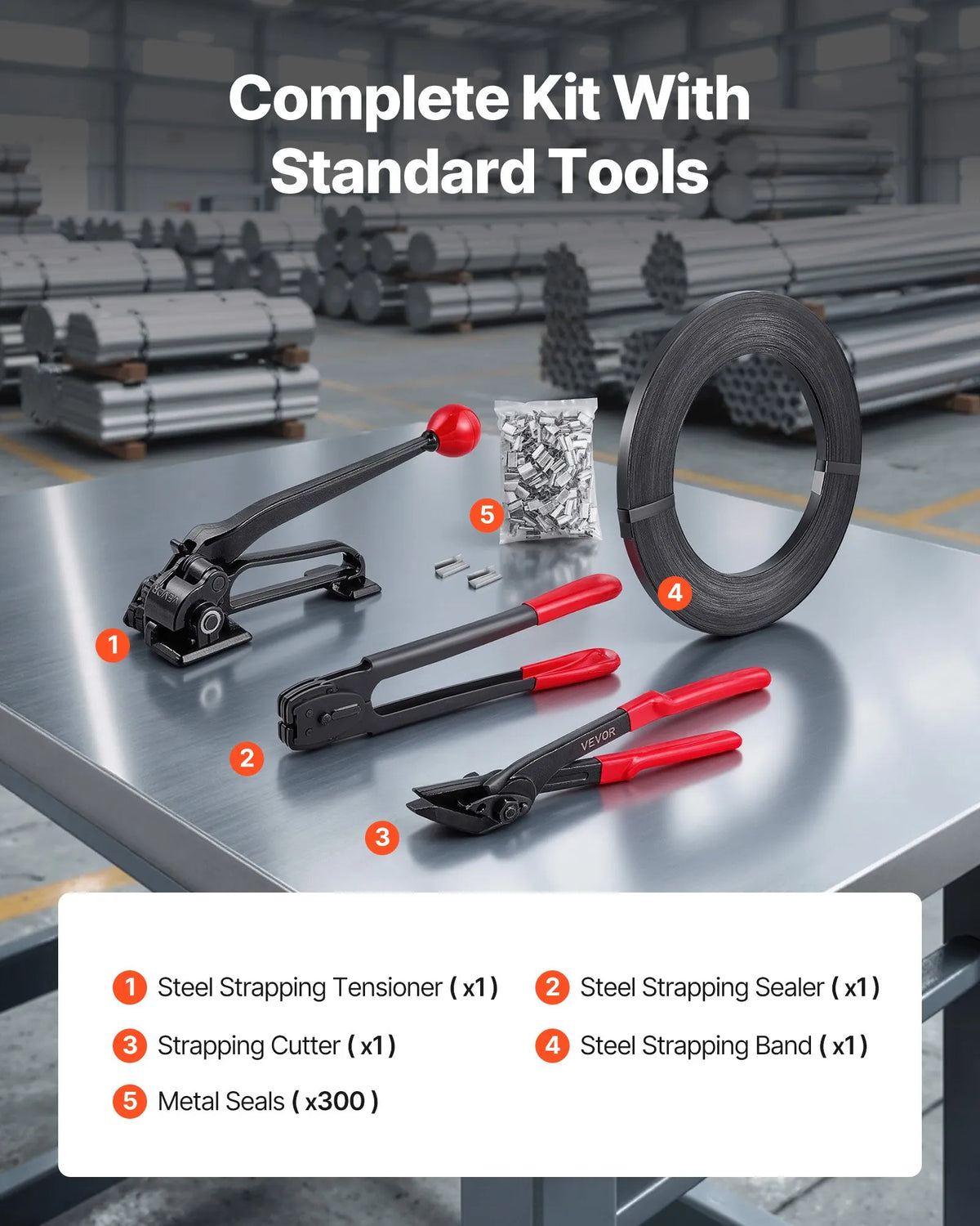 VEVOR Steel Strapping Kit, Heavy-Duty Strapping Sealing Tool with 183 m Binding Straps, 300 Metal Seals, Manual Pallet Strapping Kit for Warehouses, Transport and Industrial Packaging