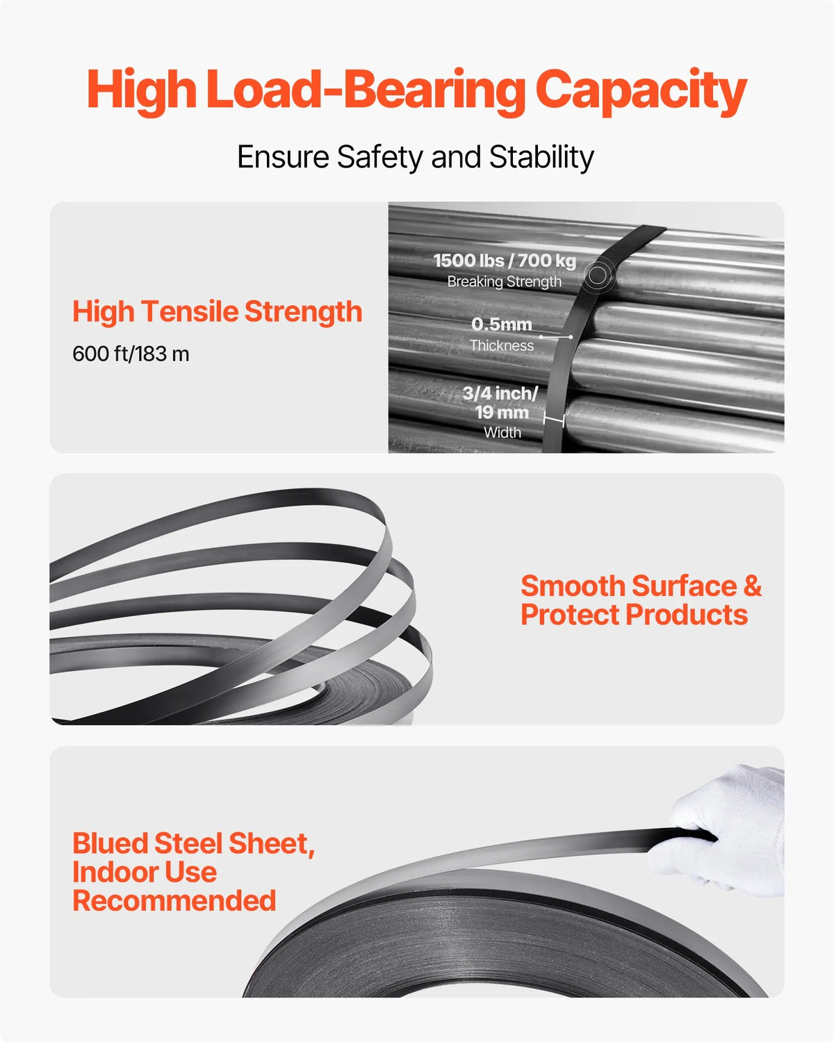 VEVOR Steel Strapping Kit, Heavy-Duty Strapping Sealing Tool with 183 m Binding Straps, 300 Metal Seals, Manual Pallet Strapping Kit for Warehouses, Transport and Industrial Packaging