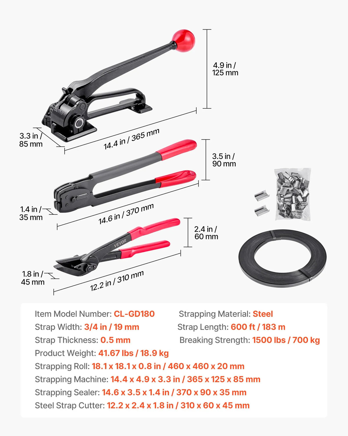 VEVOR Steel Strapping Kit, Heavy-Duty Strapping Sealing Tool with 183 m Binding Straps, 300 Metal Seals, Manual Pallet Strapping Kit for Warehouses, Transport and Industrial Packaging