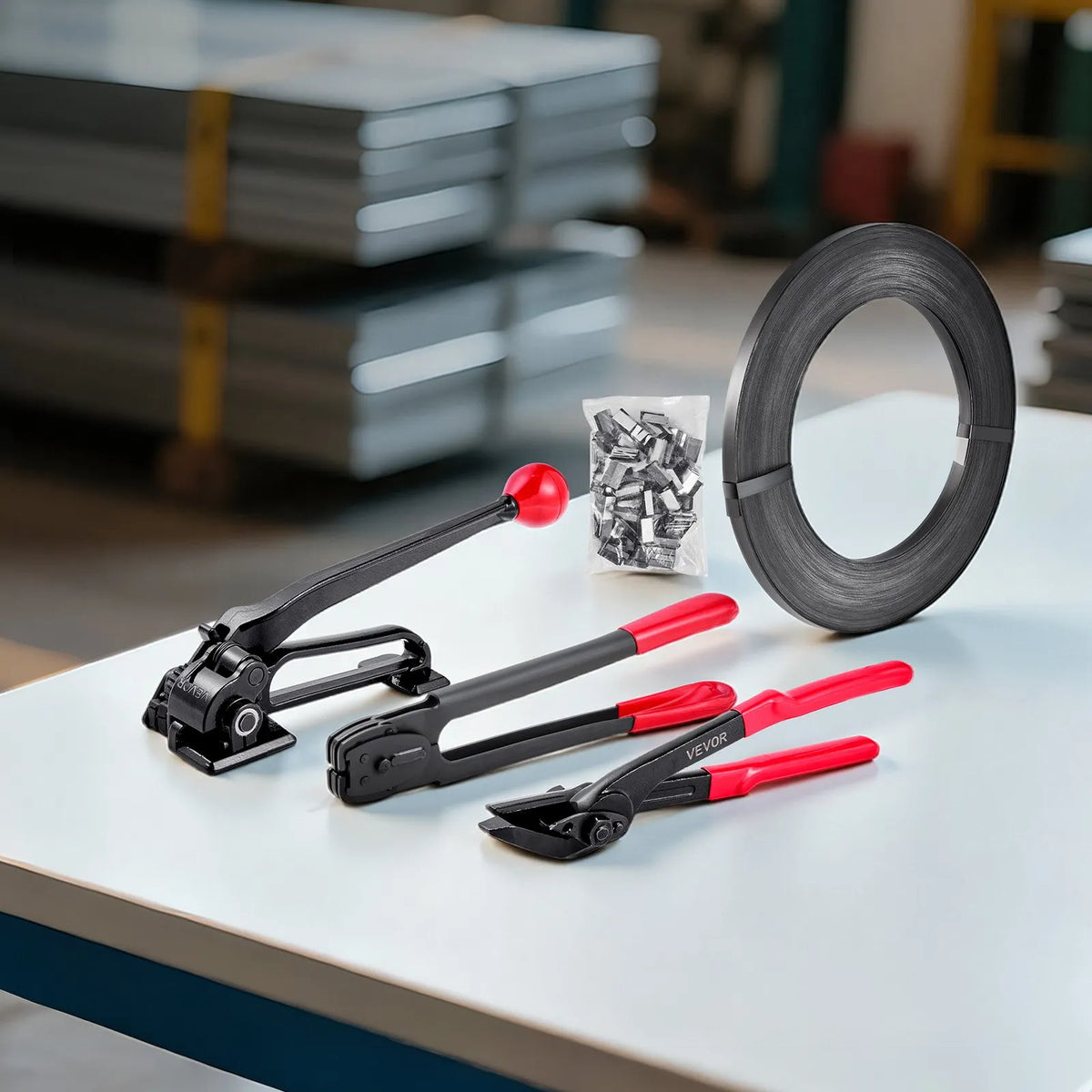 VEVOR Steel Strapping Kit, Heavy-Duty Strapping Sealing Tool with 183 m Binding Straps, 300 Metal Seals, Manual Pallet Strapping Kit for Warehouses, Transport and Industrial Packaging