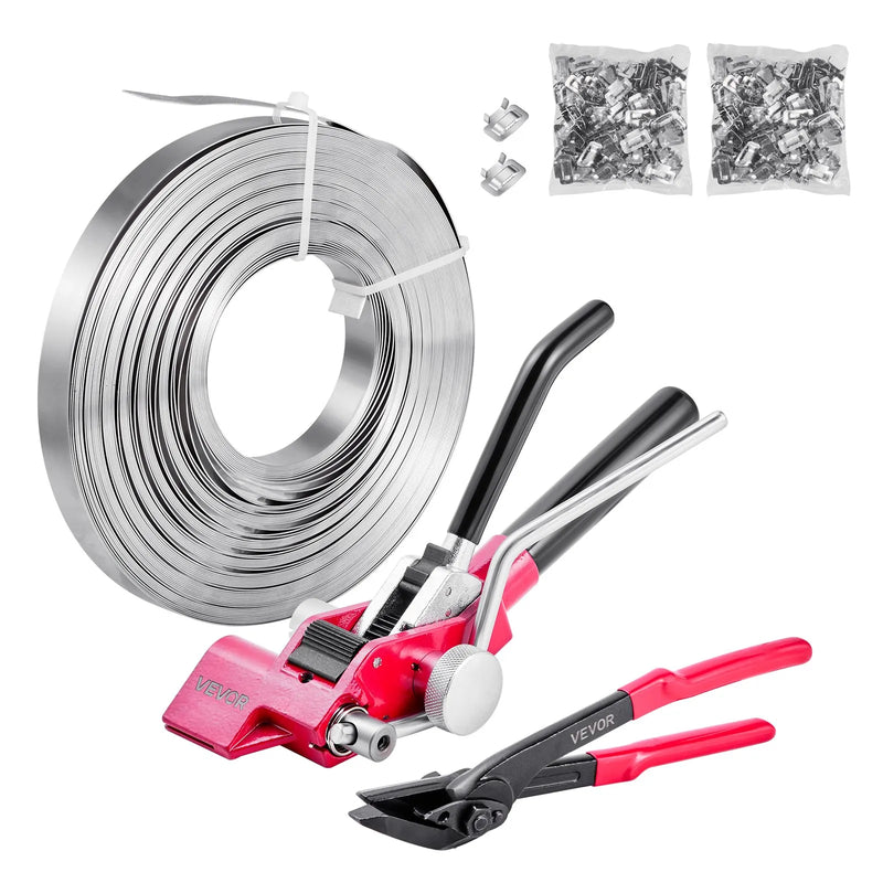 VEVOR tērauda lentes spriegošanas komplekts ar 60 m lentu un 200 metāla sprādzēm, manuāls palešu iepakošanas un saiņošanas komplekts noliktavai, transportam un rūpnieciskai stiprināšanai