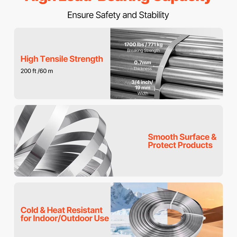 VEVOR tērauda lentes spriegošanas komplekts ar 60 m lentu un 200 metāla sprādzēm, manuāls palešu iepakošanas un saiņošanas komplekts noliktavai, transportam un rūpnieciskai stiprināšanai