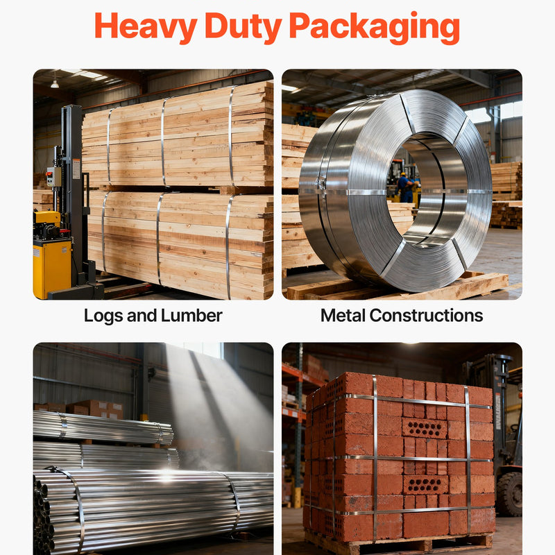 VEVOR tērauda lentes spriegošanas komplekts ar 60 m lentu un 200 metāla sprādzēm, manuāls palešu iepakošanas un saiņošanas komplekts noliktavai, transportam un rūpnieciskai stiprināšanai