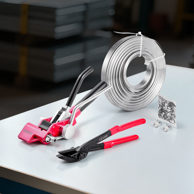 VEVOR tērauda lentes spriegošanas komplekts ar 60 m lentu un 200 metāla sprādzēm, manuāls palešu iepakošanas un saiņošanas komplekts noliktavai, transportam un rūpnieciskai stiprināšanai