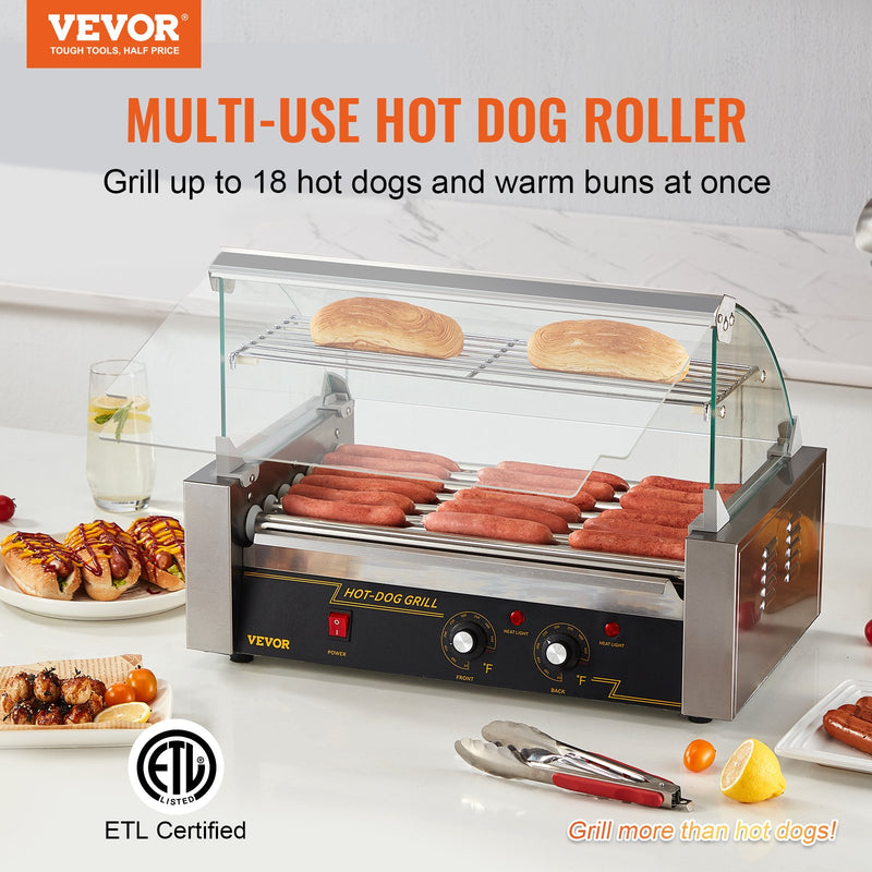 VEVOR Elektriskais Hotdogu Grils – 18 hotdogiem, 7 rullīši, 1,4 kW, aizsargmaliņa un plaukts