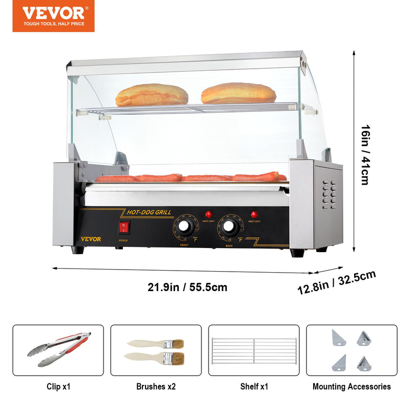 VEVOR Elektriskais Hotdogu Grils – 18 hotdogiem, 7 rullīši, 1,4 kW, aizsargmaliņa un plaukts