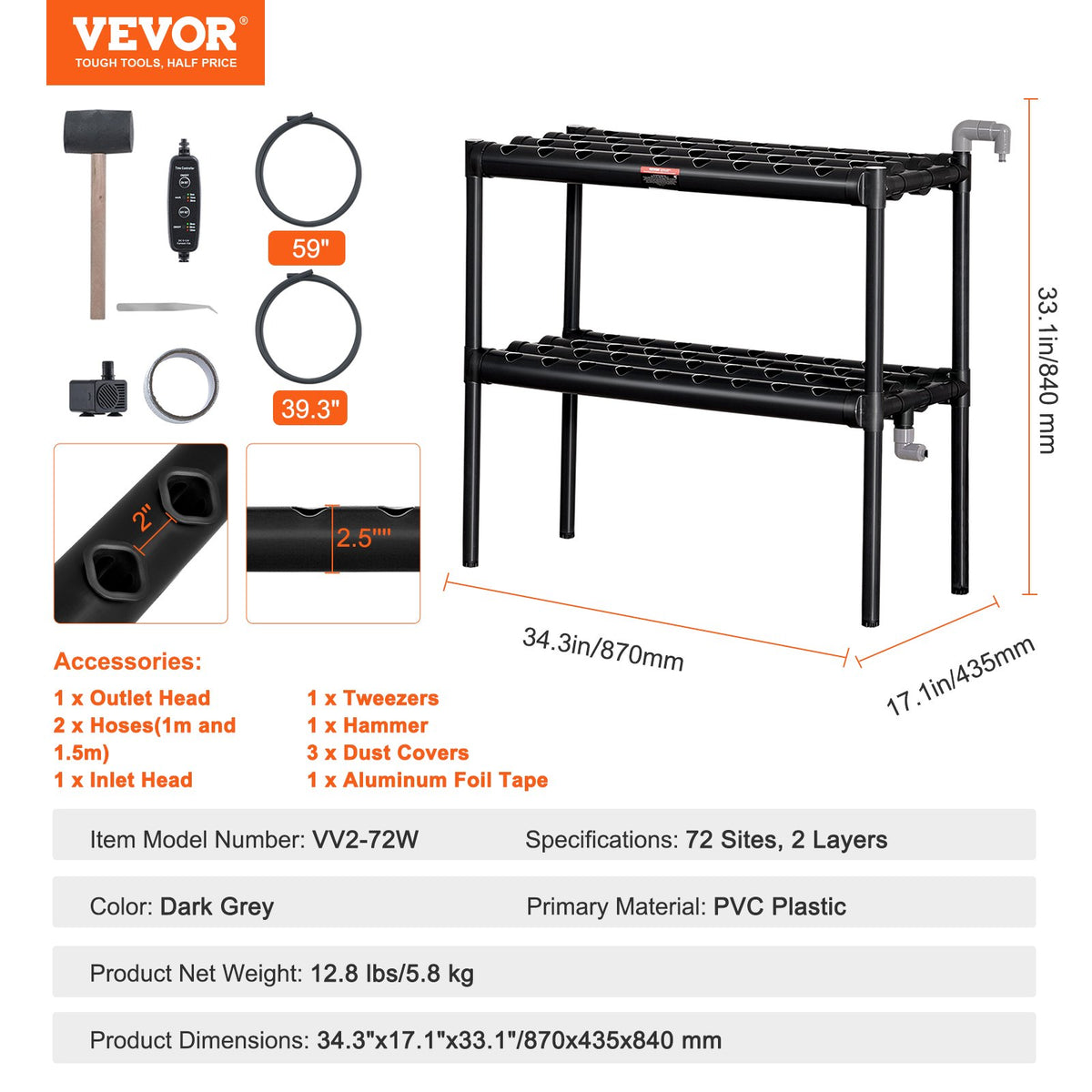 VEVOR Hydroponic Growing System 72 Planting Sites 2-Tier Hydroponic Growing Kit with PVC Pipes