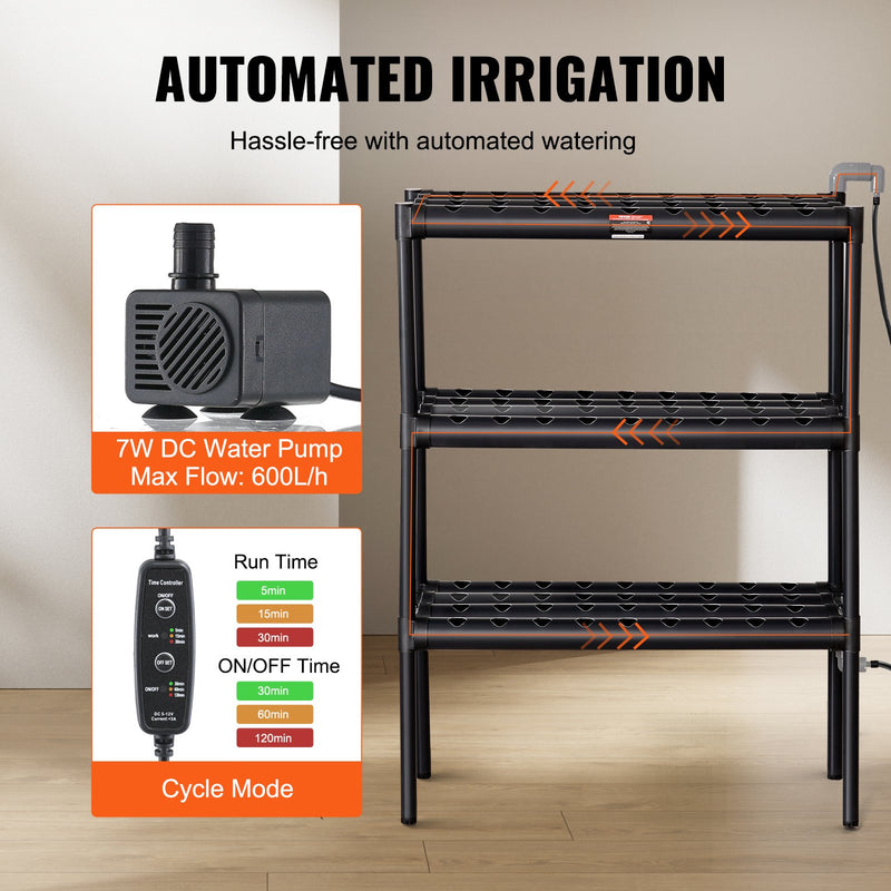 VEVOR hidroponiskās audzēšanas sistēma, 108 stādīšanas vietas, 3-līmeņu, ar PVC caurulēm