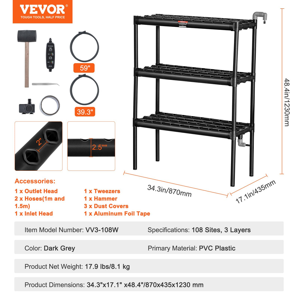 VEVOR Hydroponic Growing System, 108 Planting Sites, 3-Tier, with PVC Pipes
