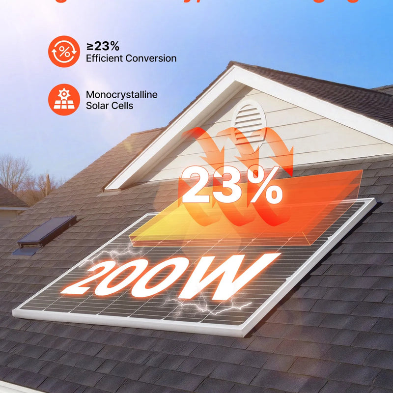 VEVOR monokristāliskais saules panelis 200 W, 23 % augstas efektivitātes PV modulis ar MC4 savienojumu un alumīnija rāmi, IP65 ūdensizturīgs saules panelis automašīnām, laivām, kemperiem, plakaniem jumtiem un autonomām sistēmām