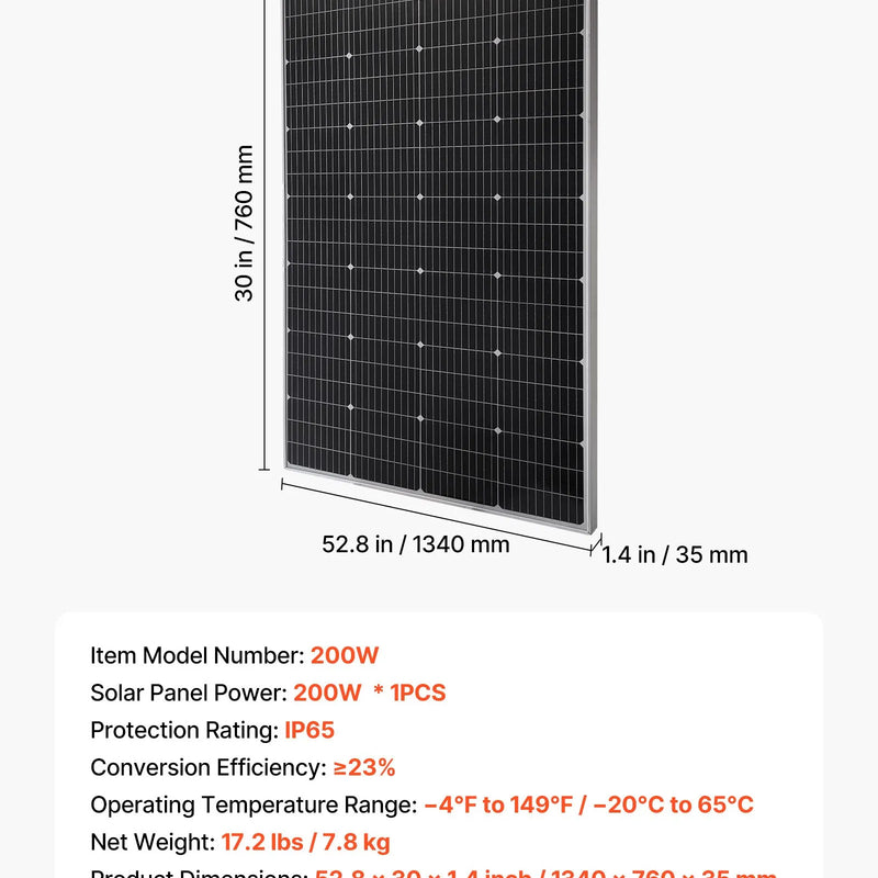 VEVOR monokristāliskais saules panelis 200 W, 23 % augstas efektivitātes PV modulis ar MC4 savienojumu un alumīnija rāmi, IP65 ūdensizturīgs saules panelis automašīnām, laivām, kemperiem, plakaniem jumtiem un autonomām sistēmām