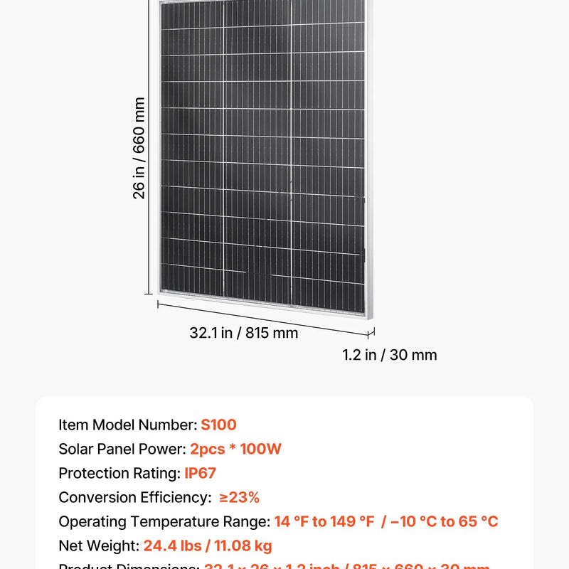 VEVOR 2 gab. 100 W bifaciālie saules paneļi, 23 % augstas efektivitātes N tipa monokristāliskais PV modulis ar MC4 izvadi un alumīnija rāmi, IP67 ūdensizturīgs saules panelis automašīnām, laivām, kemperiem, plakaniem jumtiem un autonomām sistēmām