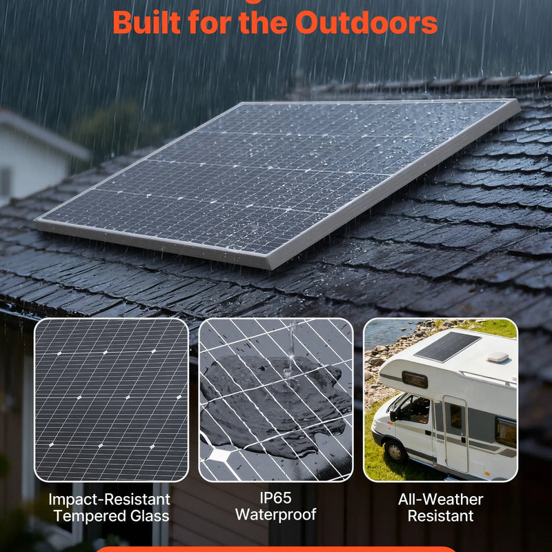 VEVOR 2 gab. 100 W monokristāliskie saules paneļi, 23 % augstas efektivitātes PV moduļi ar stabilu MC4 pieslēgumu, alumīnija rāmi un IP65 aizsardzību, piemēroti auto, laivām, kemperiem un autonomām jumta sistēmām