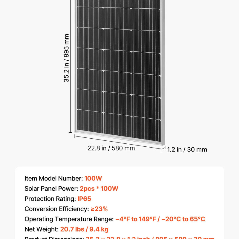 VEVOR 2 gab. 100 W monokristāliskie saules paneļi, 23 % augstas efektivitātes PV moduļi ar stabilu MC4 pieslēgumu, alumīnija rāmi un IP65 aizsardzību, piemēroti auto, laivām, kemperiem un autonomām jumta sistēmām