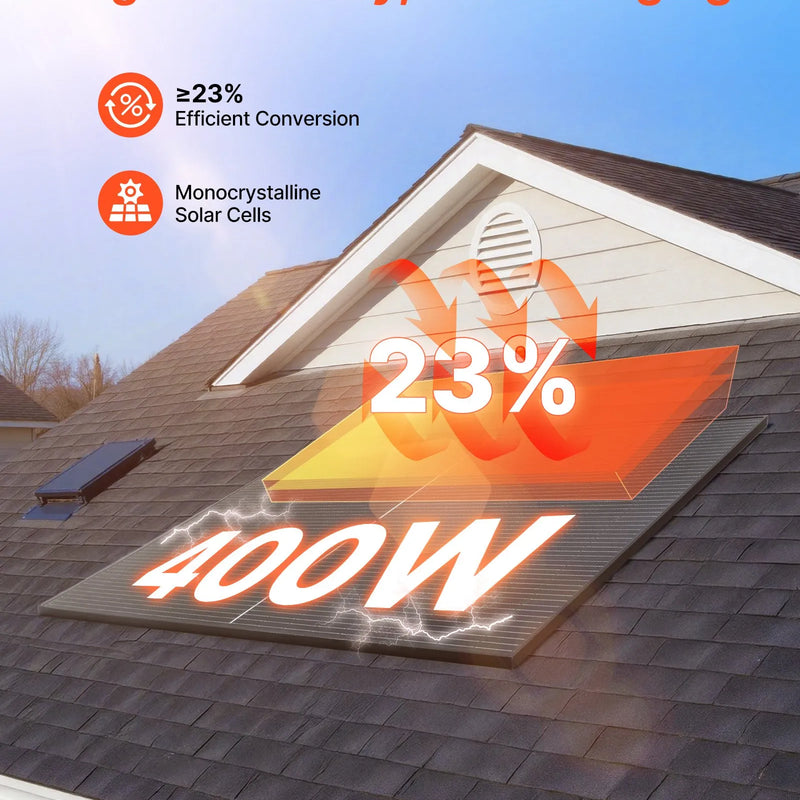 VEVOR 2 gab. 400 W monokristāliskie saules paneļi, 23 % augstas efektivitātes mono PV modulis ar stabilu MC4 izvadi un alumīnija rāmi, IP65 ūdensizturīgs saules panelis automašīnām, laivām, kemperiem, plakaniem jumtiem un autonomām sistēmām