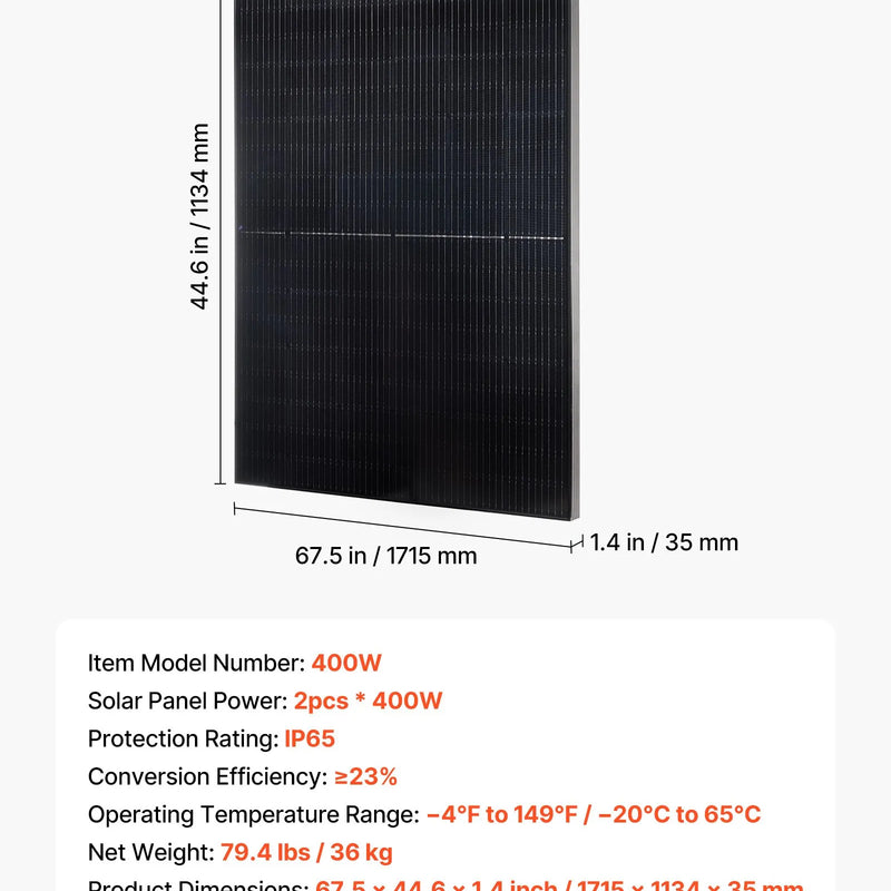 VEVOR 2 gab. 400 W monokristāliskie saules paneļi, 23 % augstas efektivitātes mono PV modulis ar stabilu MC4 izvadi un alumīnija rāmi, IP65 ūdensizturīgs saules panelis automašīnām, laivām, kemperiem, plakaniem jumtiem un autonomām sistēmām