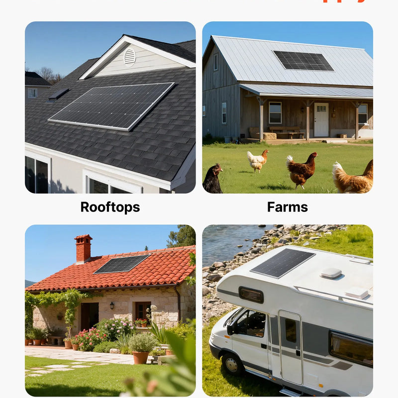 VEVOR monokristāliskie saules paneļi 4 × 100 W, 23 % augstas efektivitātes PV moduļi ar MC4 savienojumu un alumīnija rāmi, IP65 ūdensizturīgi saules paneļi automašīnām, laivām, kemperiem, plakaniem jumtiem un autonomām sistēmām