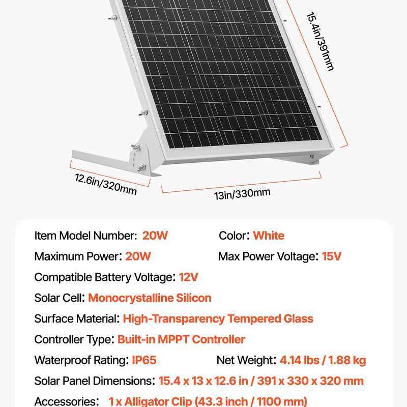 VEVOR 20 W 12 V saules uzturuzlādes ierīce ar iebūvētu MPPT kontrolieri un regulējamu stiprinājuma kronšteinu, monokristālisku saules paneli un IP65 ūdensizturīgu konstrukciju, piemērota automašīnām, laivām, kemperiem, piekabēm un māju jumtiem