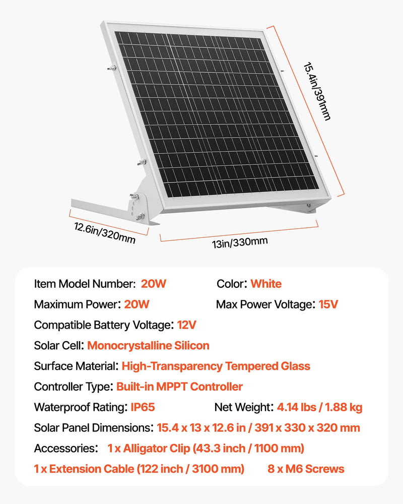 VEVOR 20 W 12 V saules uzturuzlādes ierīce ar iebūvētu MPPT kontrolieri un regulējamu stiprinājuma kronšteinu, monokristālisku saules paneli un IP65 ūdensizturīgu konstrukciju, piemērota automašīnām, laivām, kemperiem, piekabēm un māju jumtiem