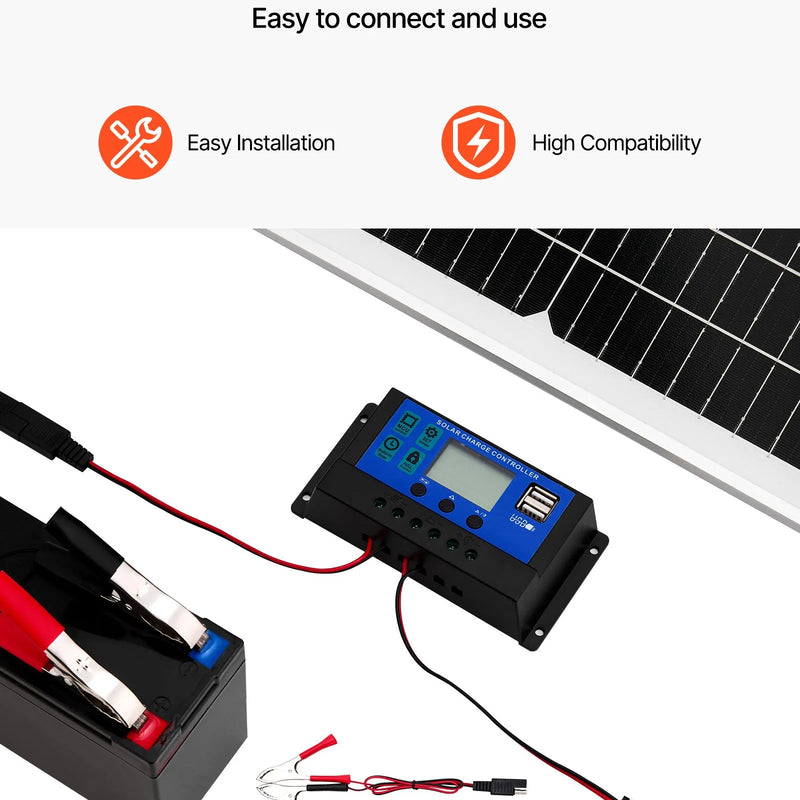 VEVOR 50 W 12 V saules baterijas uzturuzlādes lādētājs ar monokristālisku saules paneli, MPPT kontrolieri, regulējamu montāžas kronšteinu, IP65 ūdensizturīgs, piemērots automašīnām, laivām, kemperiem, piekabēm un māju jumtiem