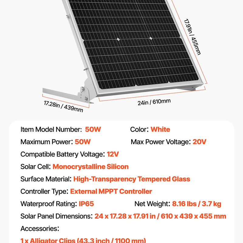 VEVOR 50 W 12 V saules baterijas uzturuzlādes lādētājs ar monokristālisku saules paneli, MPPT kontrolieri, regulējamu montāžas kronšteinu, IP65 ūdensizturīgs, piemērots automašīnām, laivām, kemperiem, piekabēm un māju jumtiem