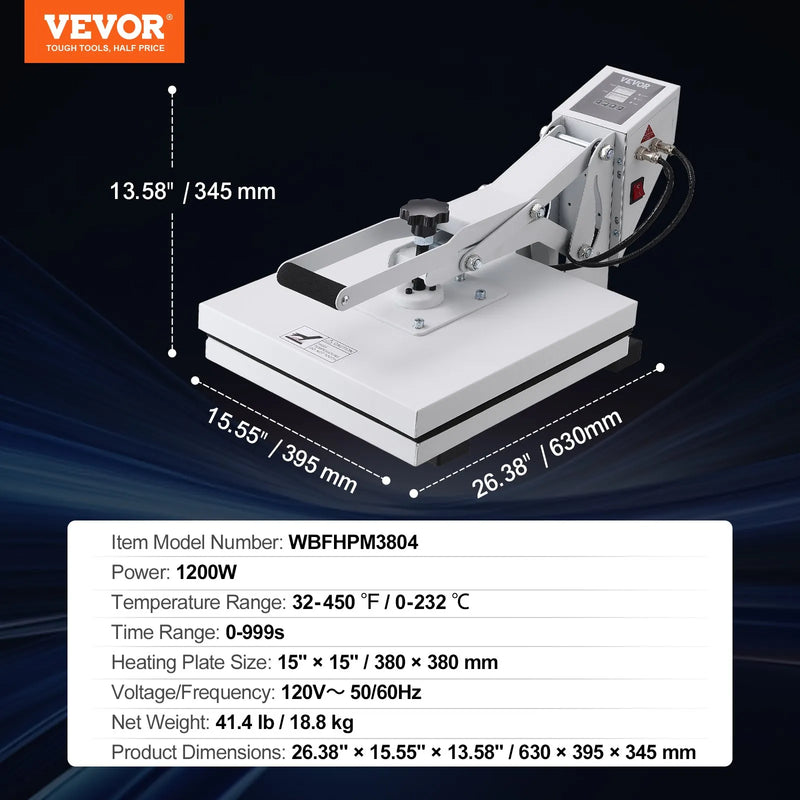 VEVOR termoprese 381 x 381 mm sublimācijas pārnesei un DIY T - kreklu apdrukai - ZEMLETES.LV